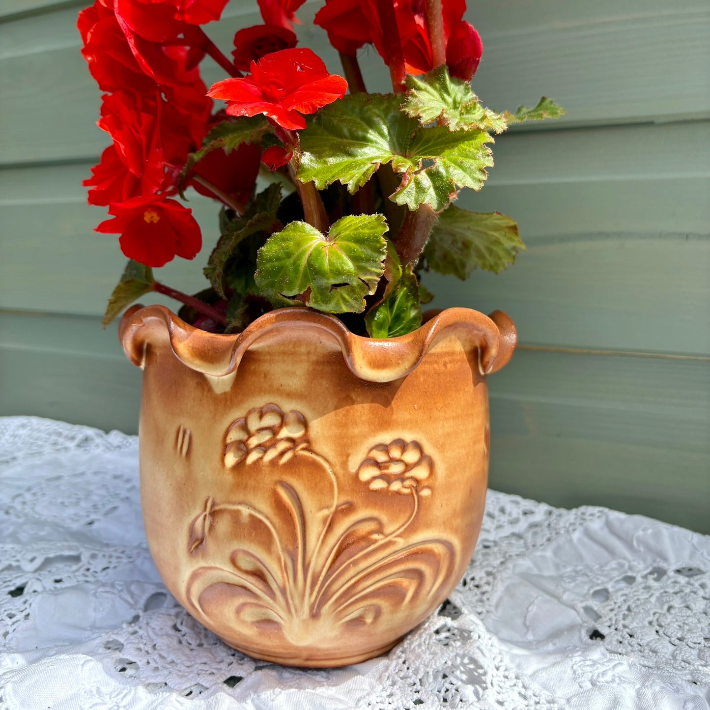 Unusual art pottery dish furled rim floral cut design signed Ninos Cyprus