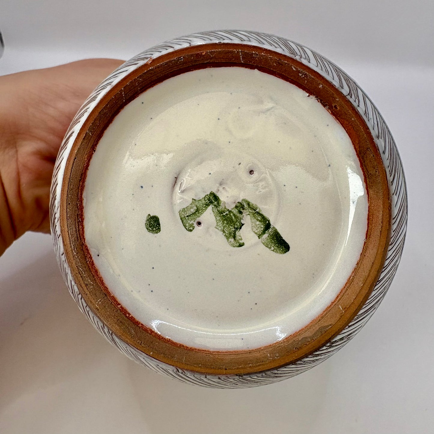 Ceramic bowl with a brown rim held by a hand on a white background