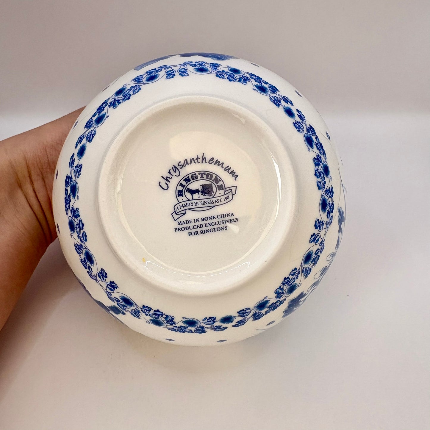 Vintage Ringtons bone china ginger jar with blue and white chrysanthemum design and lid