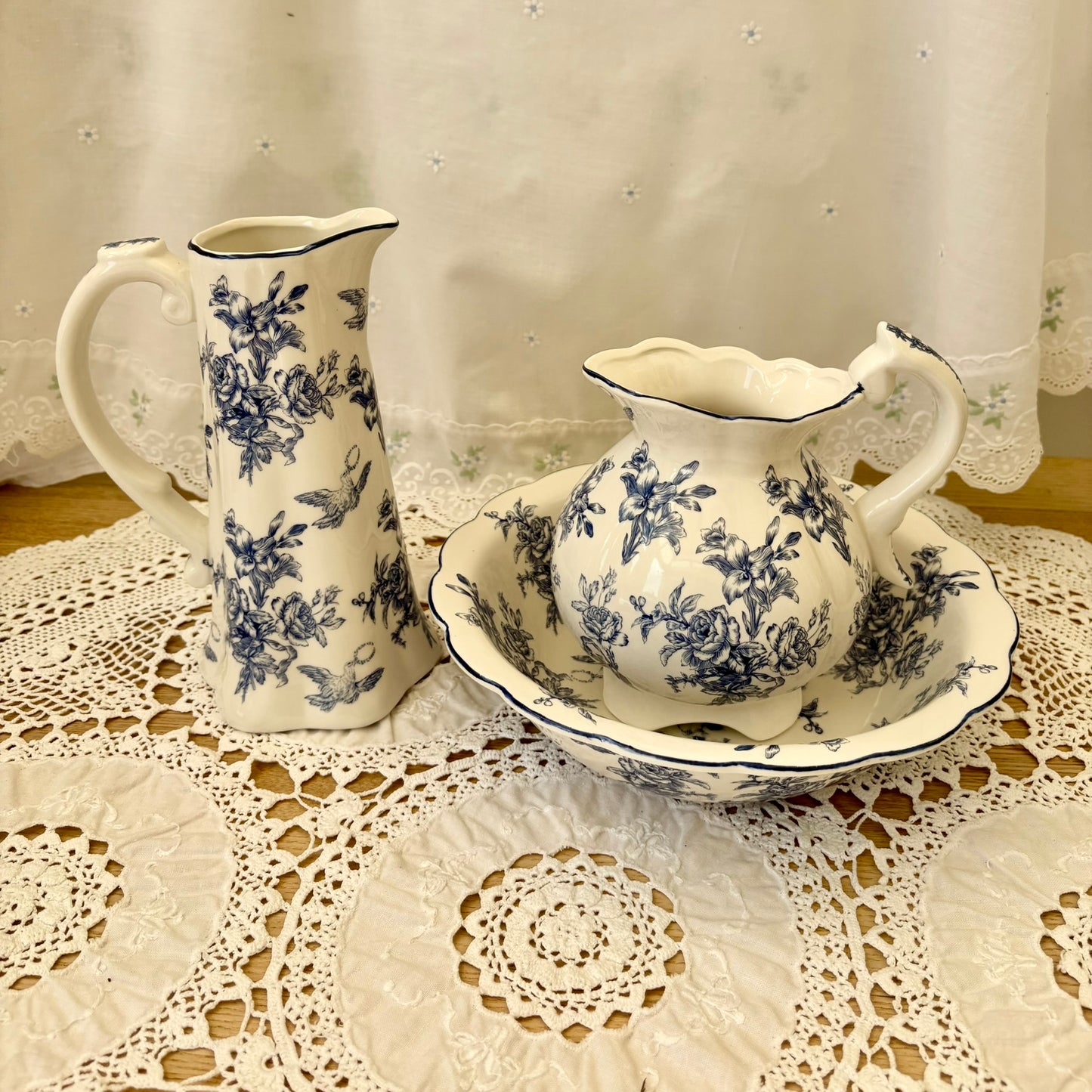 Antique blue and white floral pottery pitcher and jug set for home decor