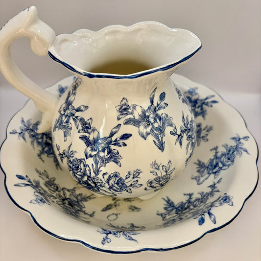Antique blue and white floral pottery pitcher and jug set for home decor