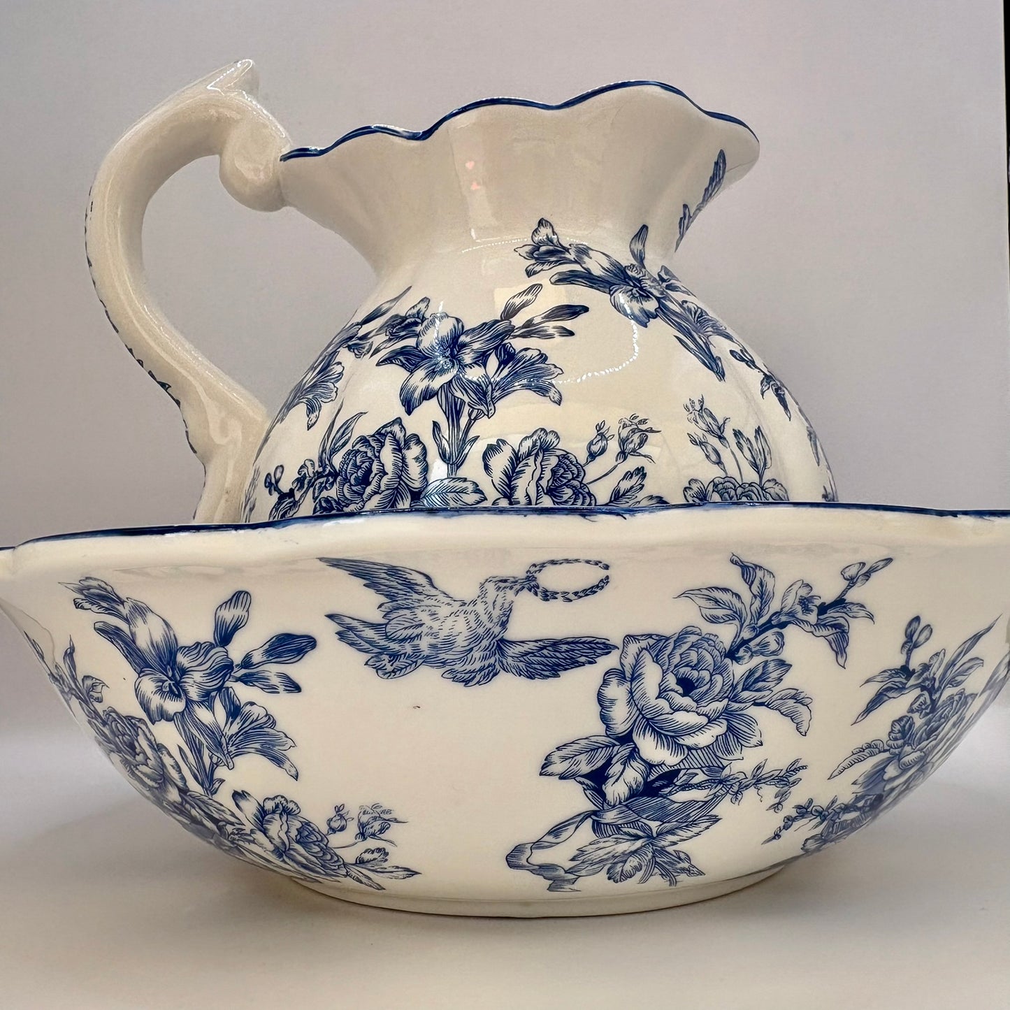 Antique blue and white floral pottery pitcher and jug set for home decor