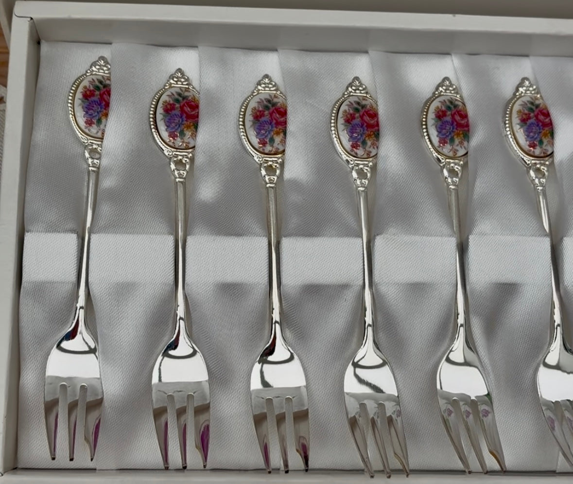 Vintage Royale County Meadow silver plated pastry forks and spoons set of 12