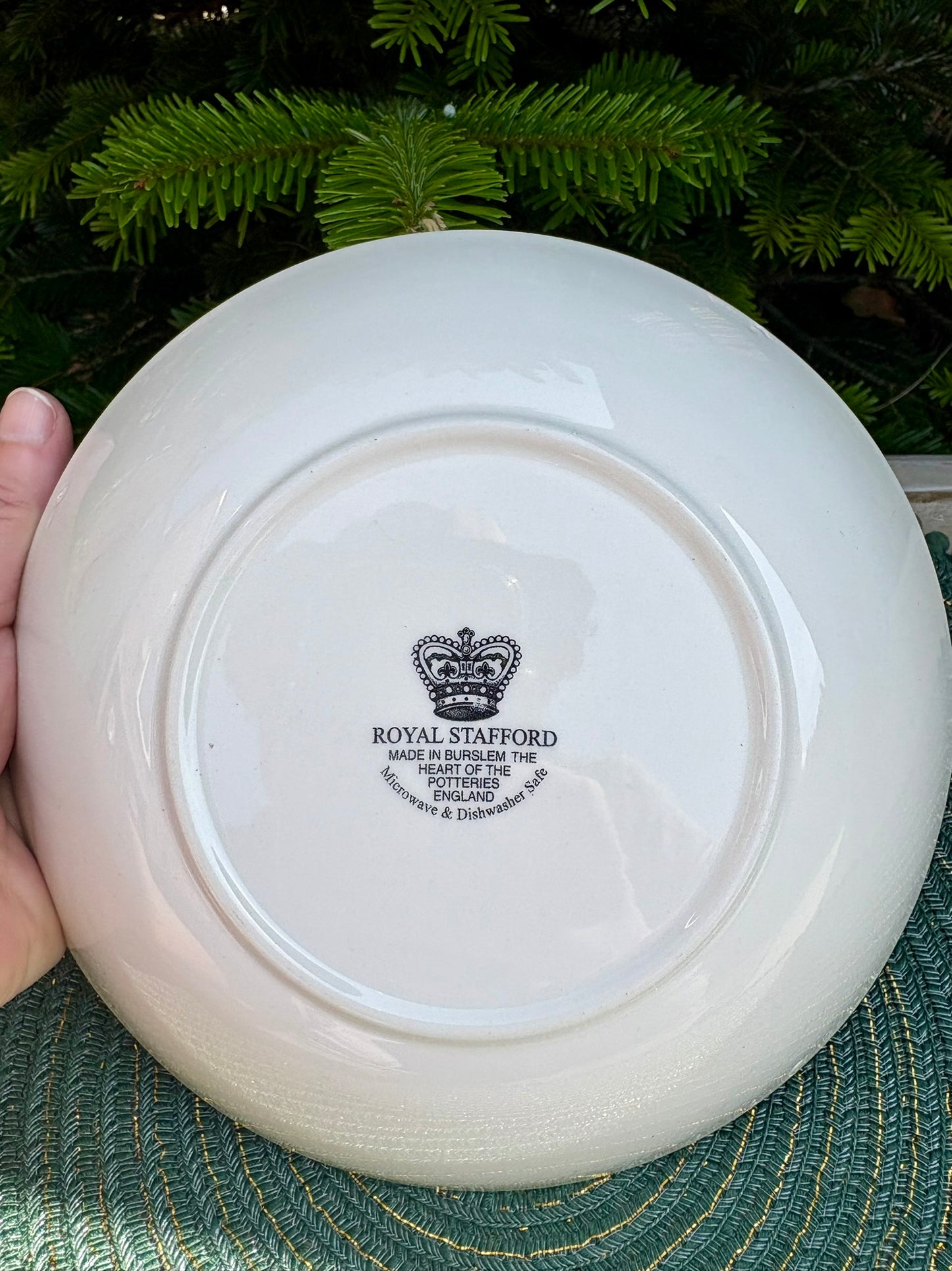 White ceramic plate with 'Royal Stafford' branding held against a green textured surface.