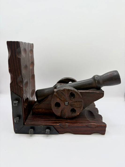 Pair of vintage wooden cannon bookends with metal brackets for bookshelf decor