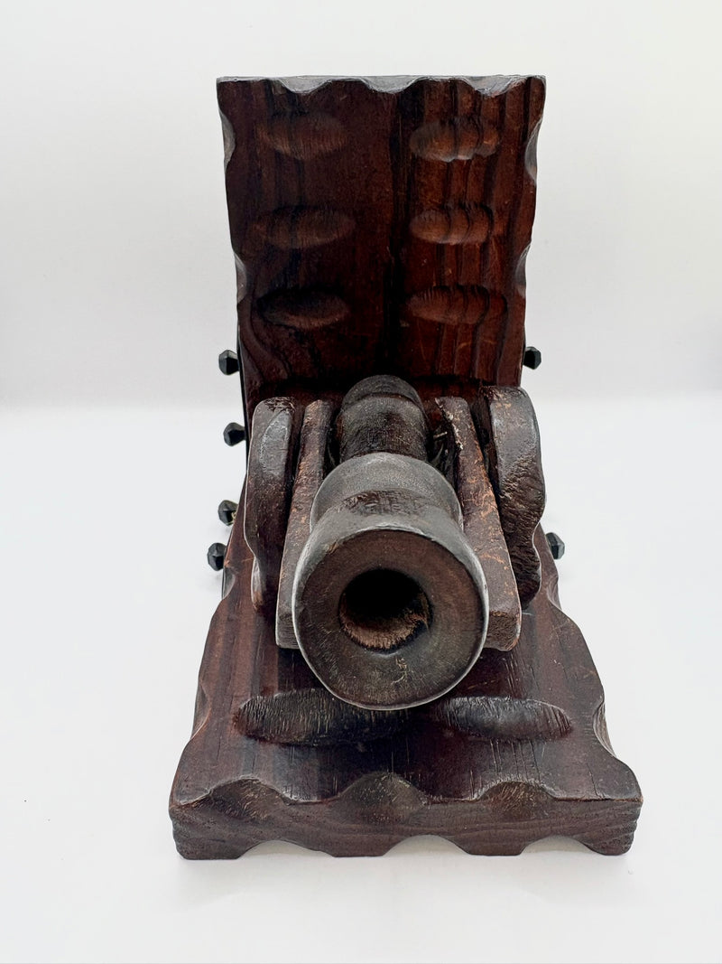 Pair of vintage wooden cannon bookends with metal brackets for bookshelf decor