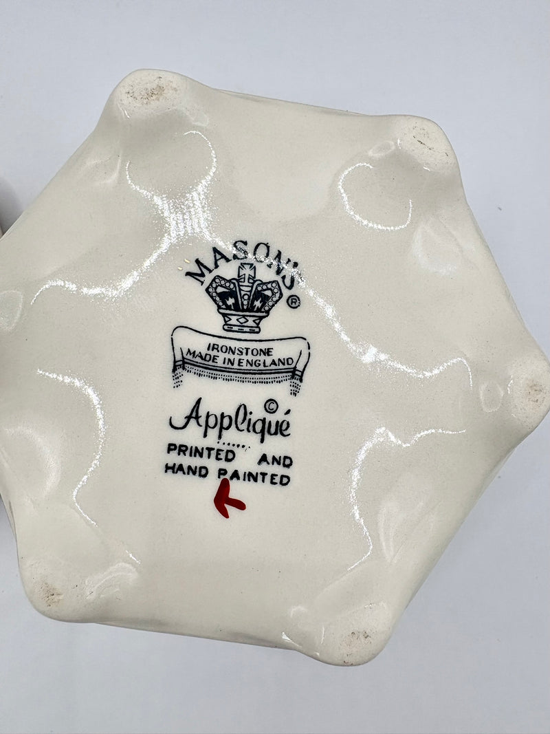 Hexagonal ceramic dish with Mason's Ironstone branding on a white background