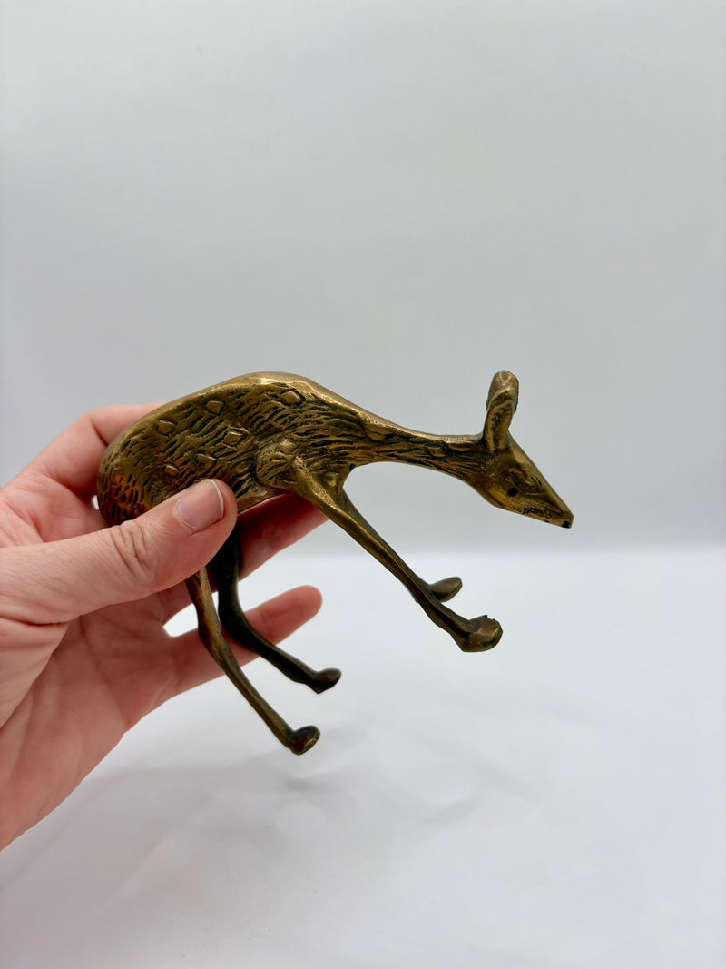 Solid brass doe figurine grazing vintage collectible sculpture