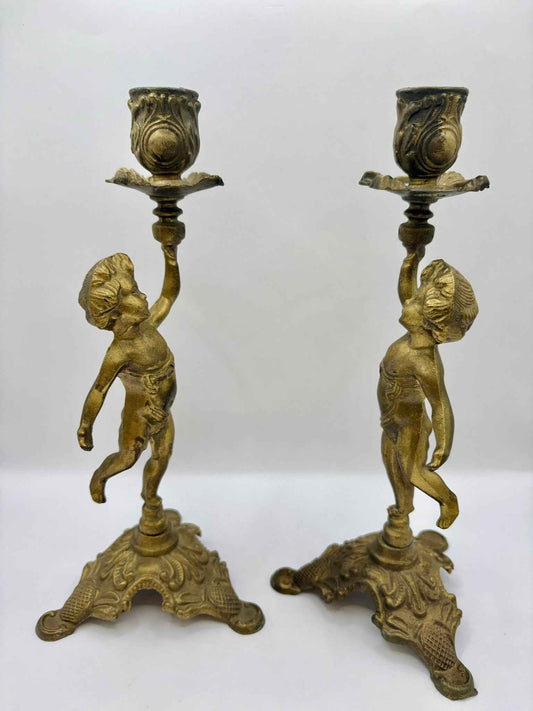 French Brass Cherub Candlestick Holders, Set of 2