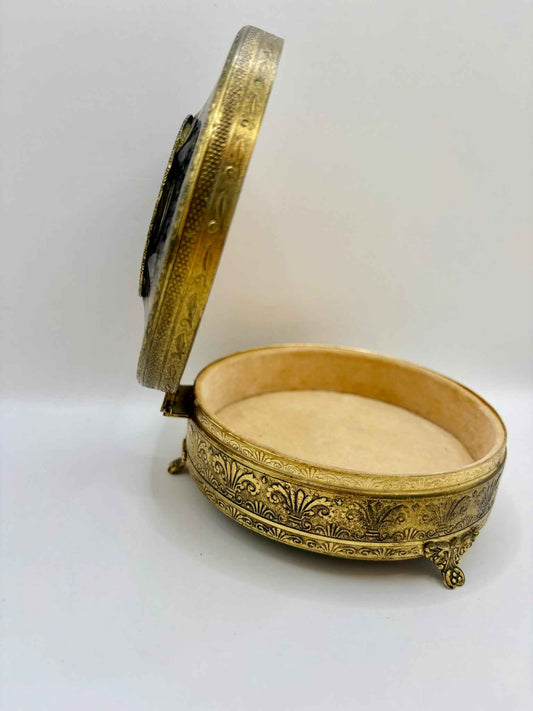 Vintage Brass Petit Point Round Trinket Box 1970s Collectible