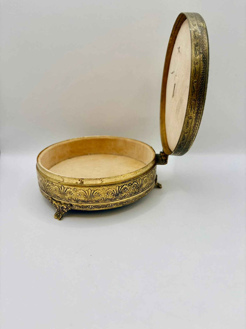 Vintage Brass Petit Point Round Trinket Box 1970s Collectible