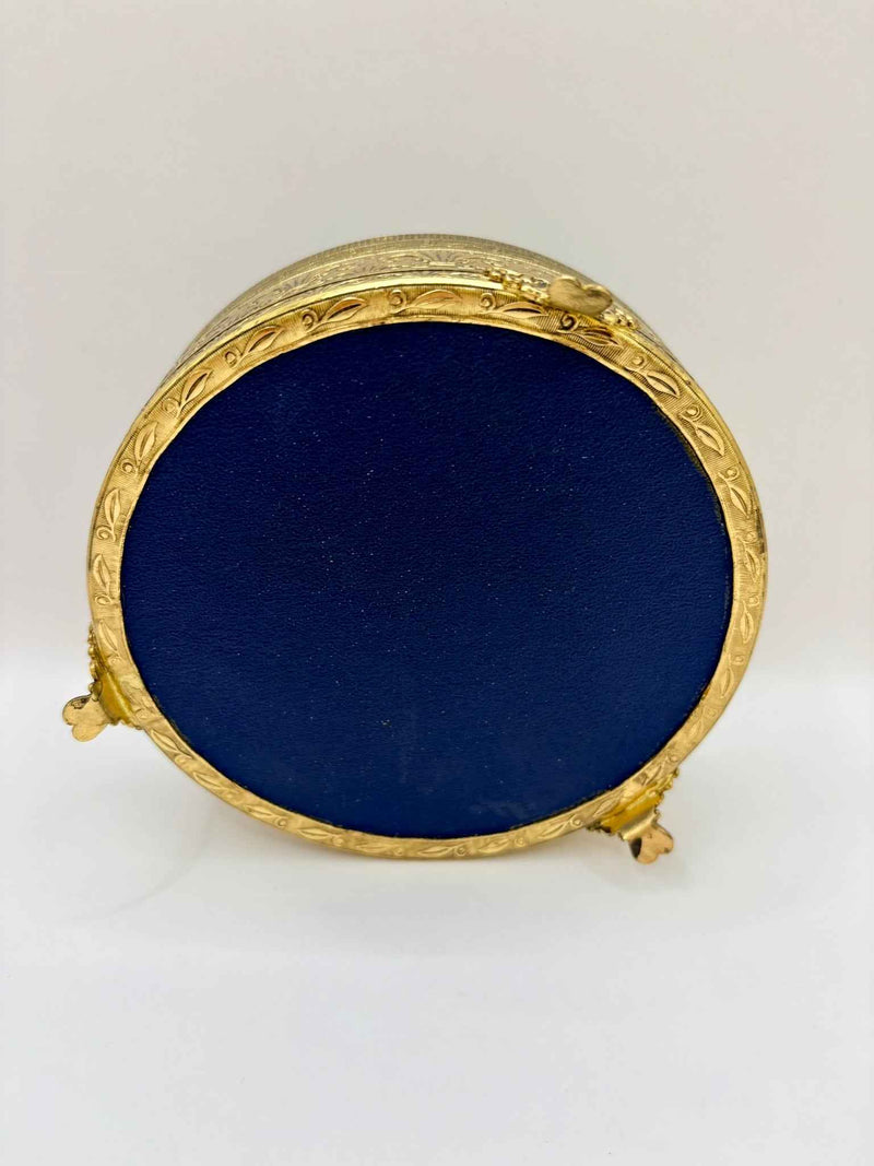 Vintage Brass Petit Point Round Trinket Box 1970s Collectible