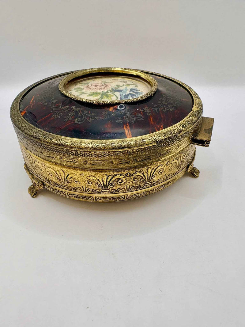 Vintage Brass Petit Point Round Trinket Box 1970s Collectible