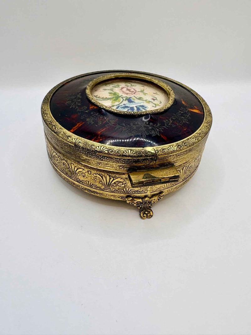 Vintage Brass Petit Point Round Trinket Box 1970s Collectible