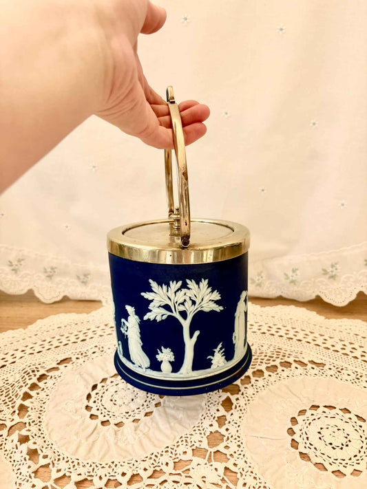 Antique Wedgwood Blue Jasper Ware Biscuit Lidded Barrel Marked EPNS