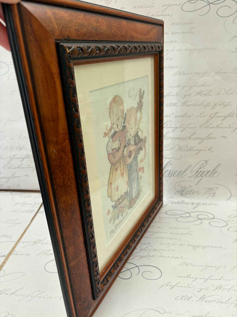 Vintage Hummel Style Cross Stitch Girl and Boy Framed Embroidery