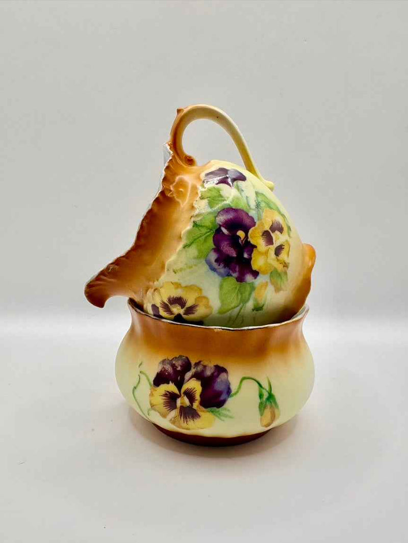 Hand Painted Porcelain Creamer and Sugar Bowl – Floral Pansy Design