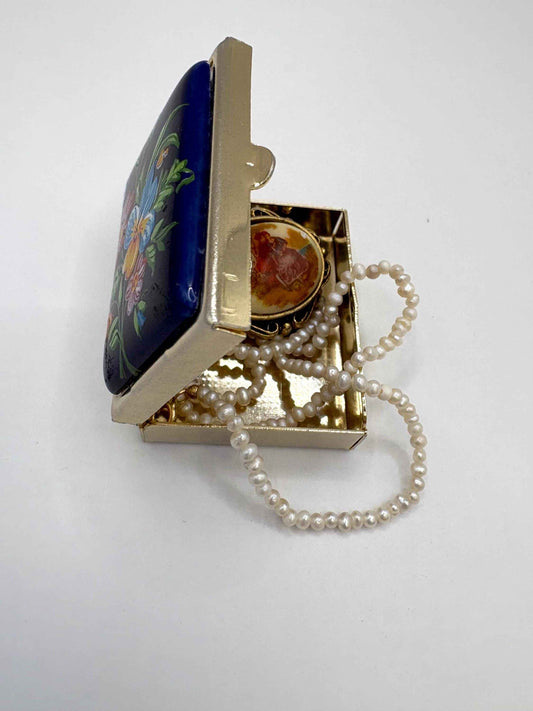 Vintage italian pill box with cobalt blue floral and gold metal lid