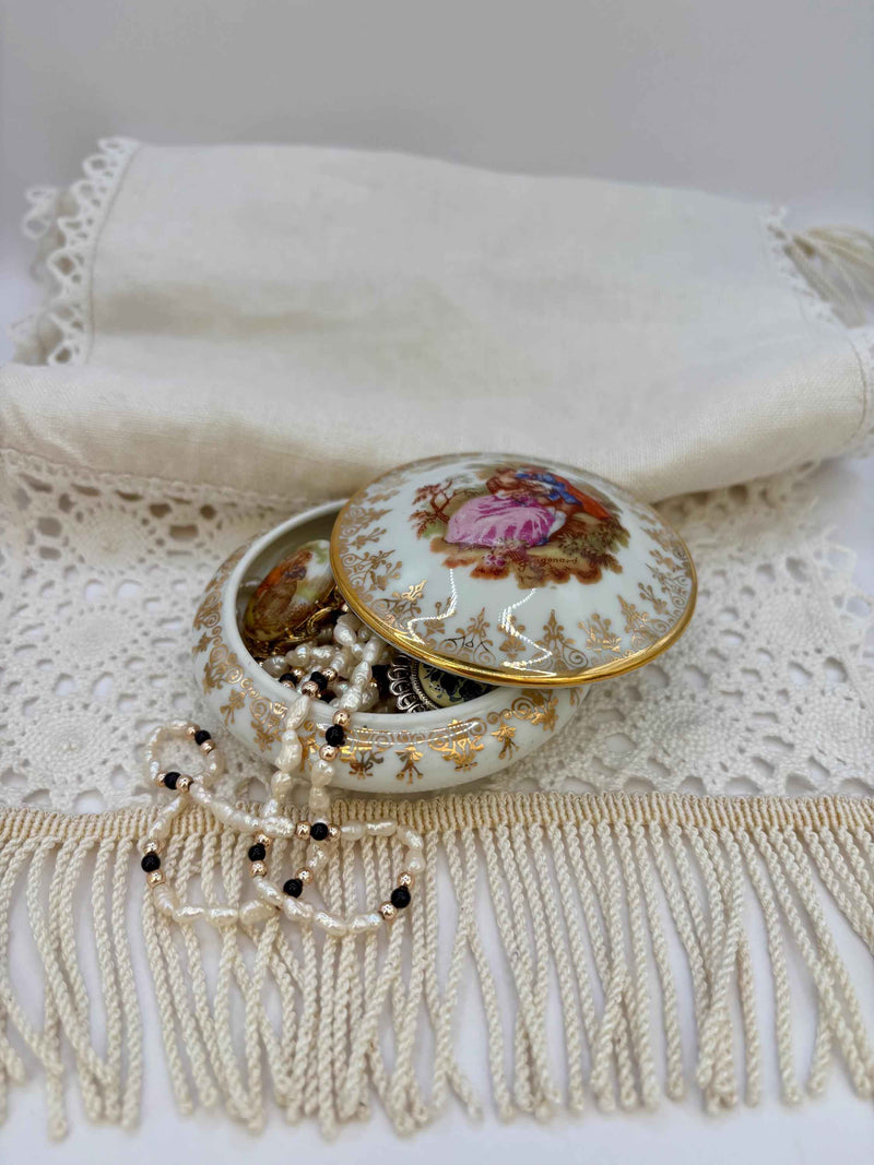 Porcelain Round Trinket Box with Lidded Gold Pattern | Limoges France