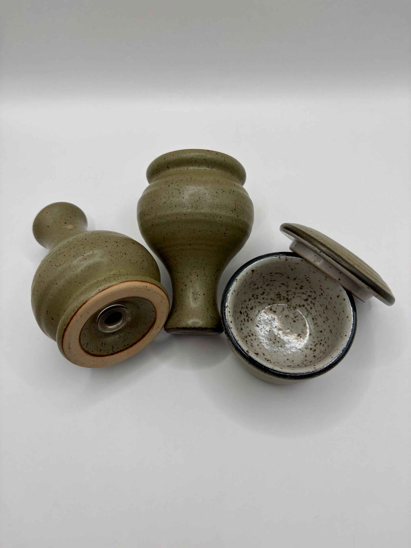 Salt and Pepper shakers with a bowl From Purbeck Pottery Studland