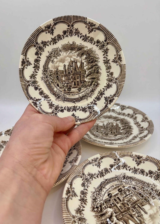 Vintage Set Of 4 Small Plates With Brown Print By Staffordshire ENGLAND IRONSTONE