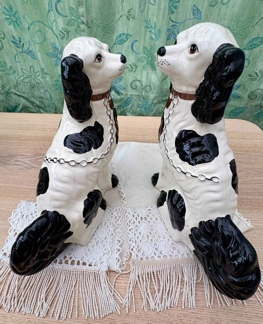 Pair of Black and White Staffordshire Spaniel Dog Figurines