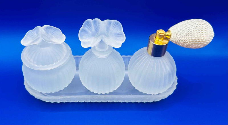 Vintage Vanity Set of Perfume Bottle, Atomiser, Trinket Dish 1960s