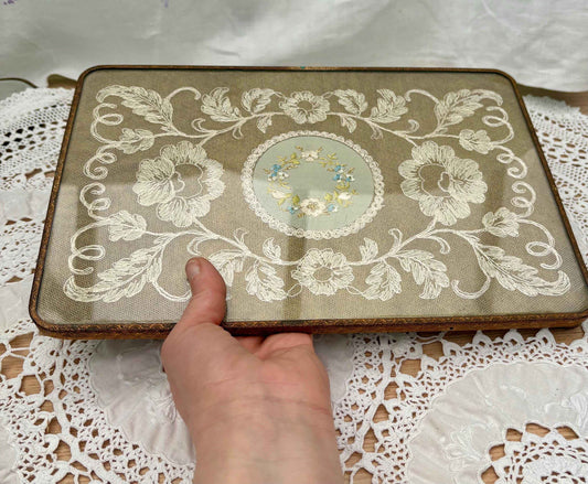 Vintage Brass And Glass Dressing Table Embroidered Tray