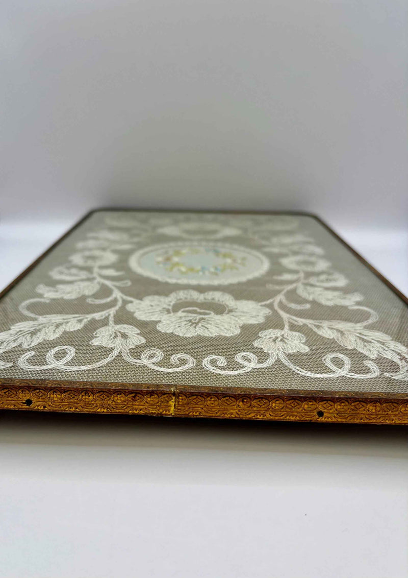 Vintage Brass And Glass Dressing Table Embroidered Tray