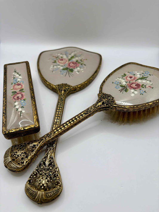 Vintage Set Of Vanity Items With Embroidered Backs