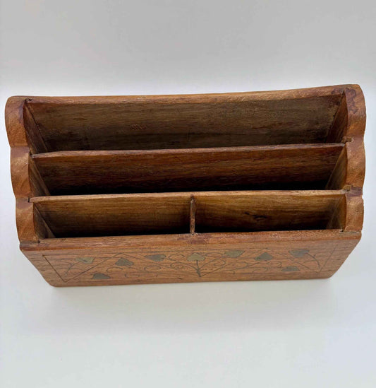 Vintage Wooden Letter Rack Brass Inlay Leaf Letter Stationery Paper