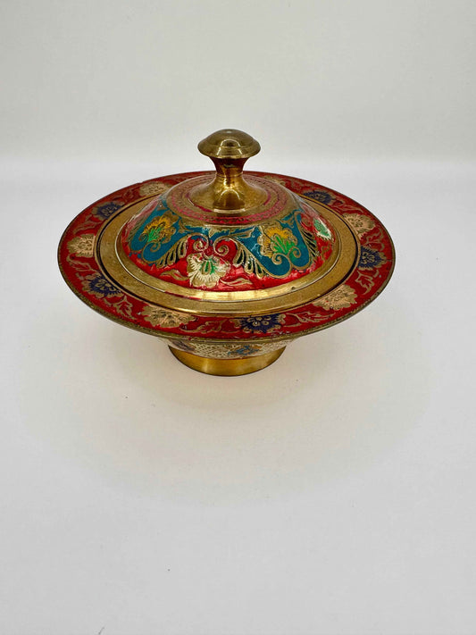 Vintage brass bowl with lid enamel floral painted