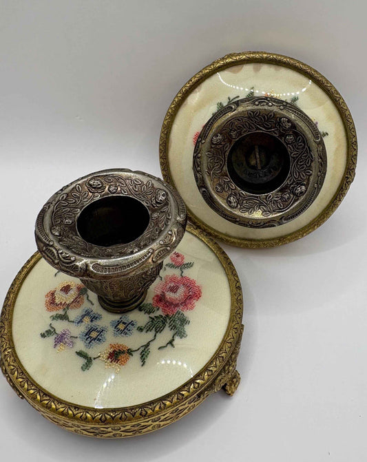 Vintage Pair of embroidered brass candle holders | Regent of London