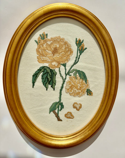 Vintage Oval Framed Needlepoint Picture with Yellow Rose