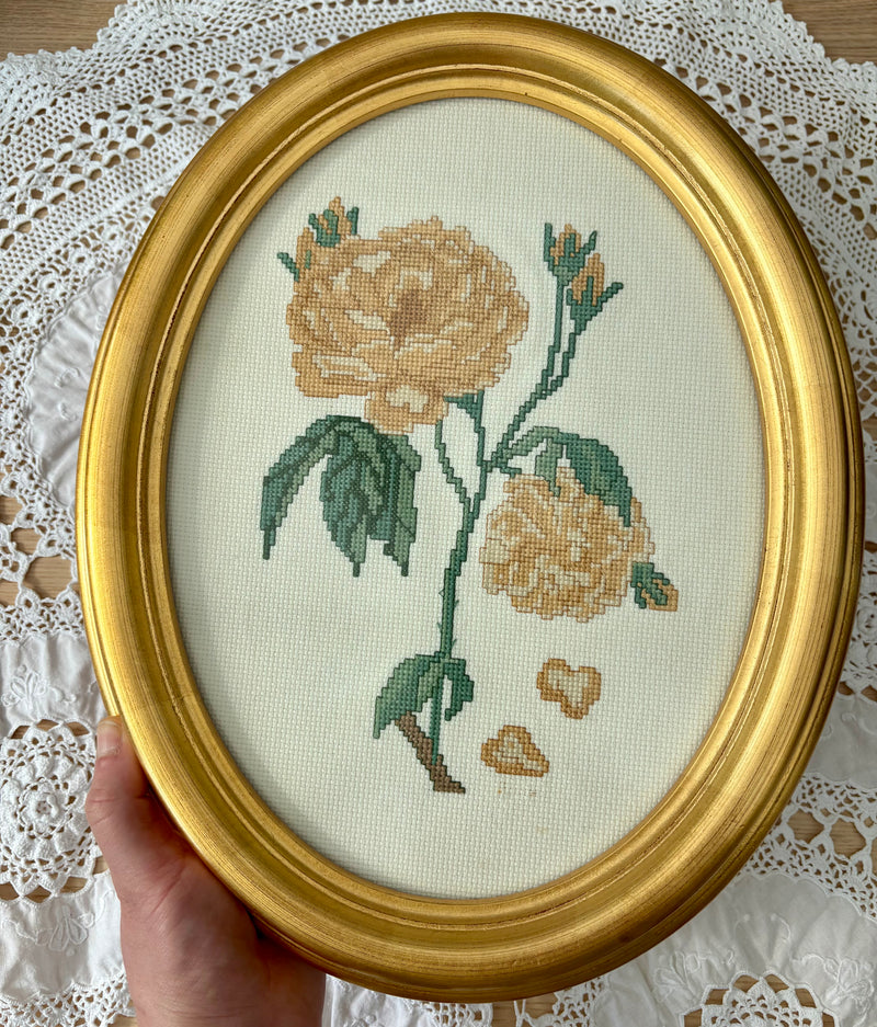 Vintage Oval Framed Needlepoint Picture with Yellow Rose