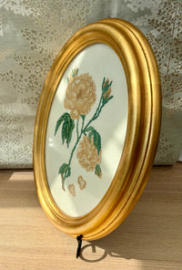 Vintage Oval Framed Needlepoint Picture with Yellow Rose