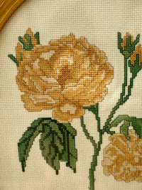 Vintage Oval Framed Needlepoint Picture with Yellow Rose
