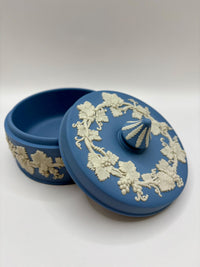 Vintage Wedgwood Blue Jasperware Round Trinket Box, and Blue Ceramic Vase