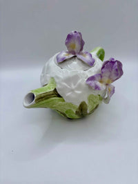 Vintage Ceramic Teapot With Sculpted Iris Flowers