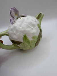 Vintage Ceramic Teapot With Sculpted Iris Flowers