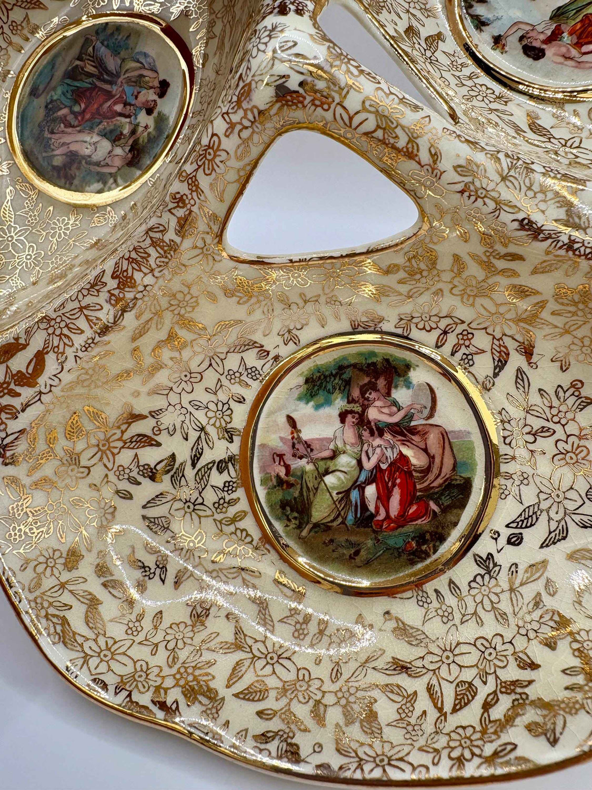 Vintage Gilded Ceramic Tray with Three Pictured Scenes | Empire England