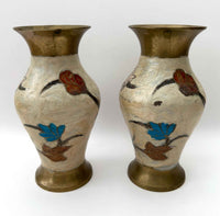 Vintage Brass Dragonfly Enamel Hand Painted Flower Vases