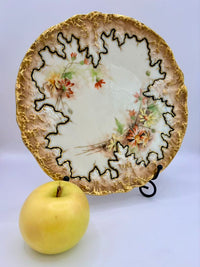 Decorative plate with floral design and gold rim next to a yellow apple on a white background