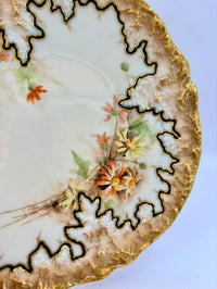 Decorative ceramic plate with floral patterns and gold trim on a light blue background