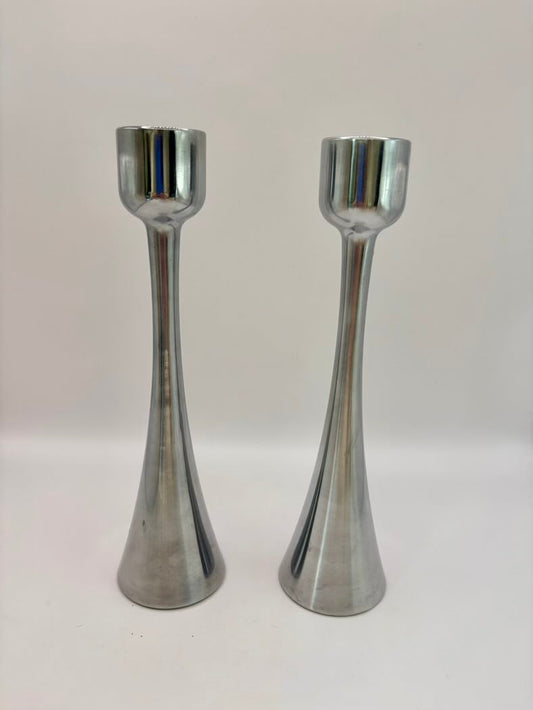 Mid Century Modern Silver Tone Metal Candlesticks Set of 2