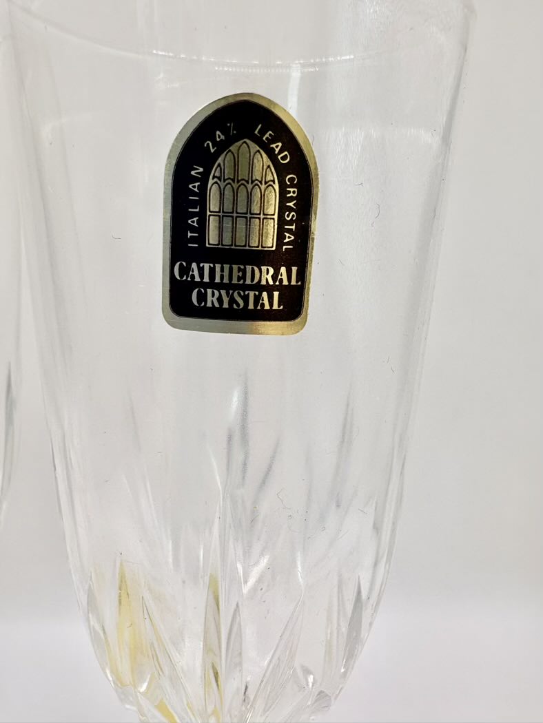 Crystal vase with Cathedral Crystal label on a white background