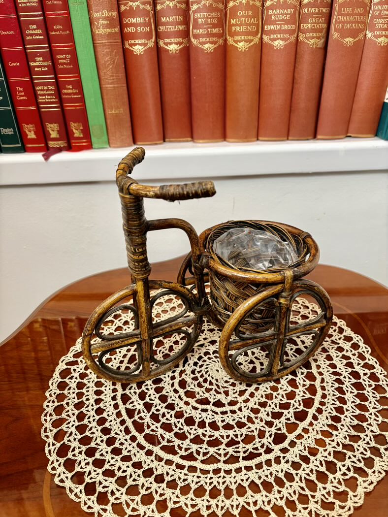 Decorative bicycle-shaped plant holder on a doily with books in the background