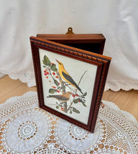 Framed artwork of birds on a branch with berries on a lace tablecloth.
