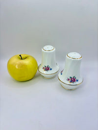 Two ceramic salt and pepper shakers with floral designs next to a yellow apple on a white background