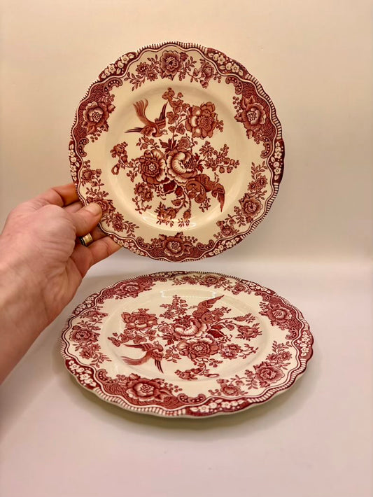 Two red floral-patterned plates on a beige background